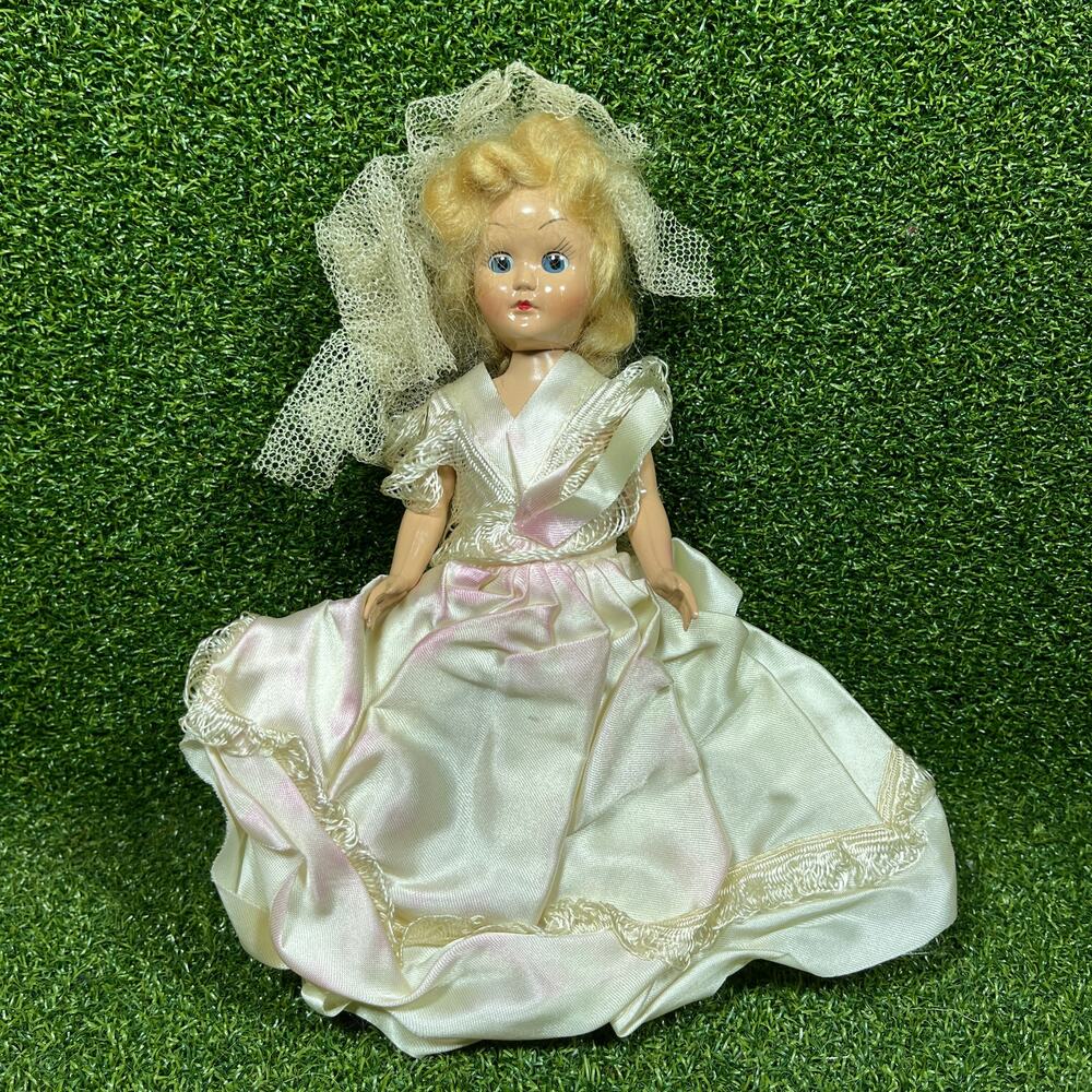 Vintage 1950s Hard Plastic Bride Doll Sleep Eyes Satin Wedding Dress Veil 9"